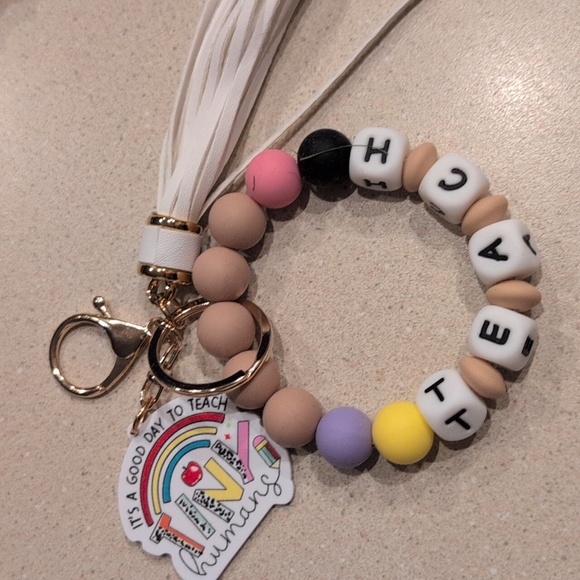 Teacher Beaded Keychain Set With Tassles And Pencil Hairclip - Picture 2 of 6